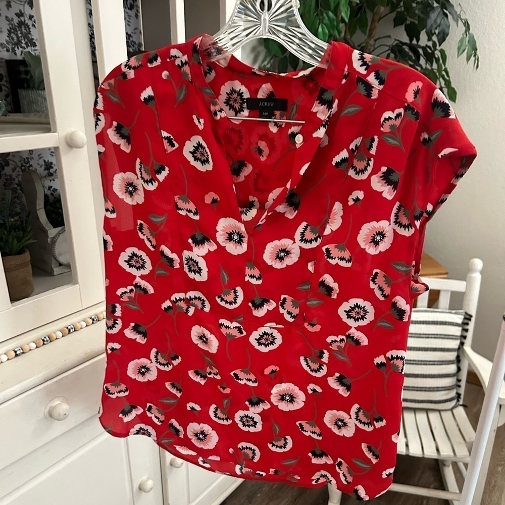J.CREW WOMEN'S RED FLORAL POPPY PRINT SHORT SLEEVE BUTTON-UP SHIRT MP